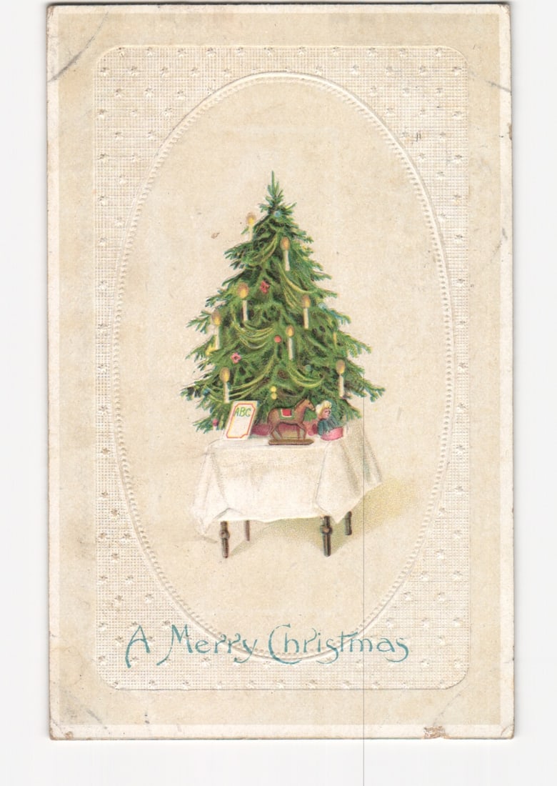 Vintage Chromolithograph Postcard: Festive Christmas Tree with Candles and Gifts, Early 20th Century: Please review the photos carefully for additional condition details. Note that scans may appear slightly darker or lighter than the item's true appearance, and minor scanning artifacts may be visible.