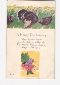 Thanksgiving postcard with three turkeys in a field and a decorative fruit display.