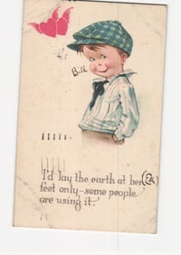 1921 Humorous Valentine Postcard Featuring a Young Boy in Plaid Cap and Red Hearts