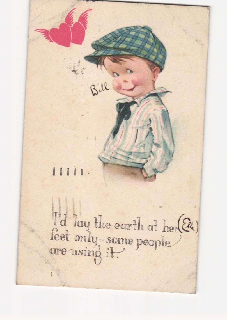 1921 Humorous Valentine Postcard Featuring a Young Boy in Plaid Cap and Red Hearts: Please review the photos carefully for additional condition details. Note that scans may appear slightly darker or lighter than the item's true appearance, and minor scanning artifacts may be visible.