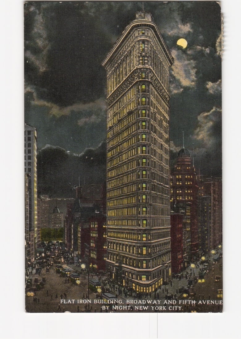 Flat Iron Building, Broadway and Fifth Avenue by Night, New York City postcard: Please review the photos carefully for additional condition details. Note that scans may appear slightly darker or lighter than the item's true appearance, and minor scanning artifacts may be visible.