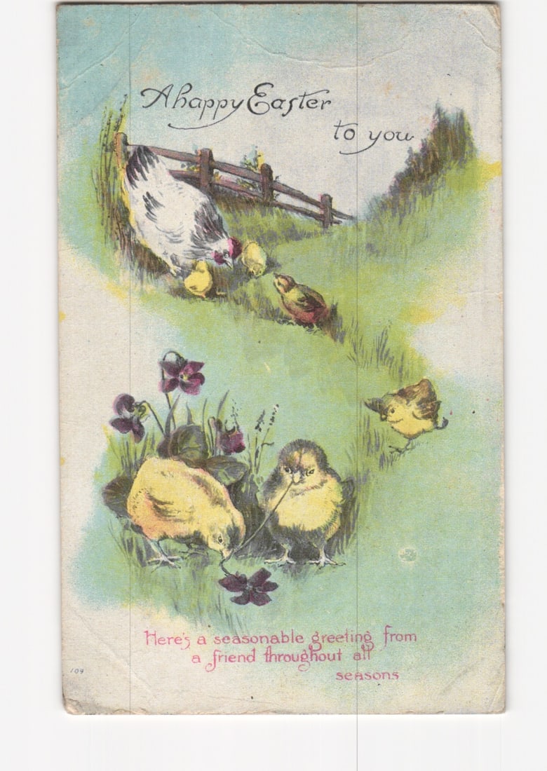Vintage Easter postcard with hen, chicks, and violets, postmarked Greenport, New York, 1920.: Please review the photos carefully for additional condition details. Note that scans may appear slightly darker or lighter than the item's true appearance, and minor scanning artifacts may be visible.