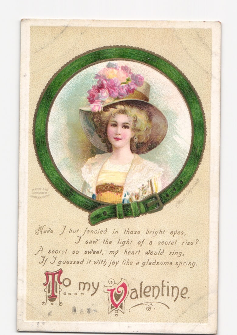 Ellen H. Clapsaddle Valentine postcard: Woman in floral hat, chromolitho, postmarked 1913. (1 of 2)