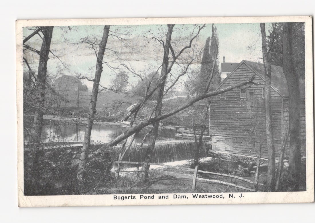 Early 20th Century Postcard: Bogerts Pond and Dam, Westwood, New Jersey Landscape.: Please review the photos carefully for additional condition details. Note that scans may appear slightly darker or lighter than the item's true appearance, and minor scanning artifacts may be visible.