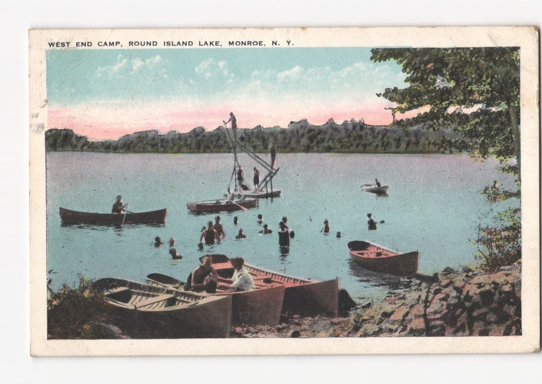 West End Camp, Round Island Lake, Monroe, N.Y. early 20th-century leisure postcard.: Please review the photos carefully for additional condition details. Note that scans may appear slightly darker or lighter than the item's true appearance, and minor scanning artifacts may be visible.
