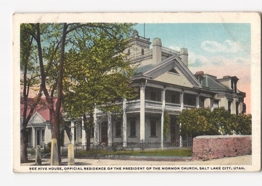 Historic Bee Hive House, Official Residence, Mormon Church President, Salt Lake City, Utah postcard: Please review the photos carefully for additional condition details. Note that scans may appear slightly darker or lighter than the item's true appearance, and minor scanning artifacts may be visible.