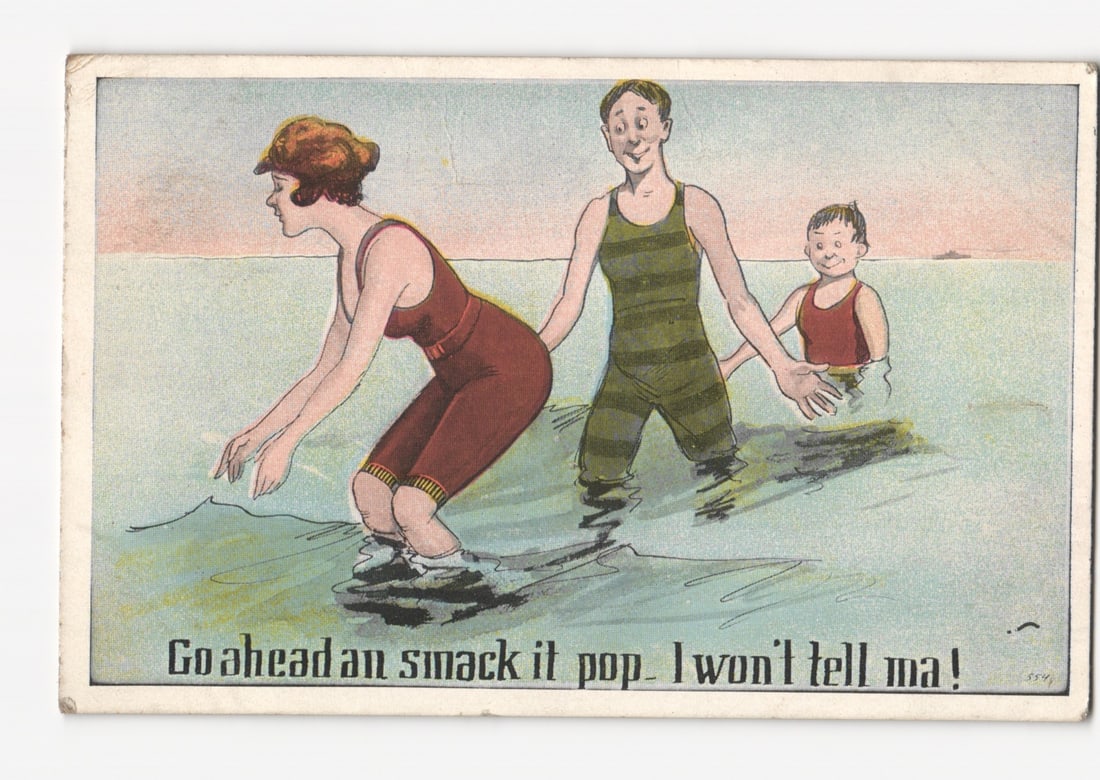 Illustrated Postcard Depicting Bathers and Child in Water, Rockaway Beach, New York, 1922 (1 of 2)