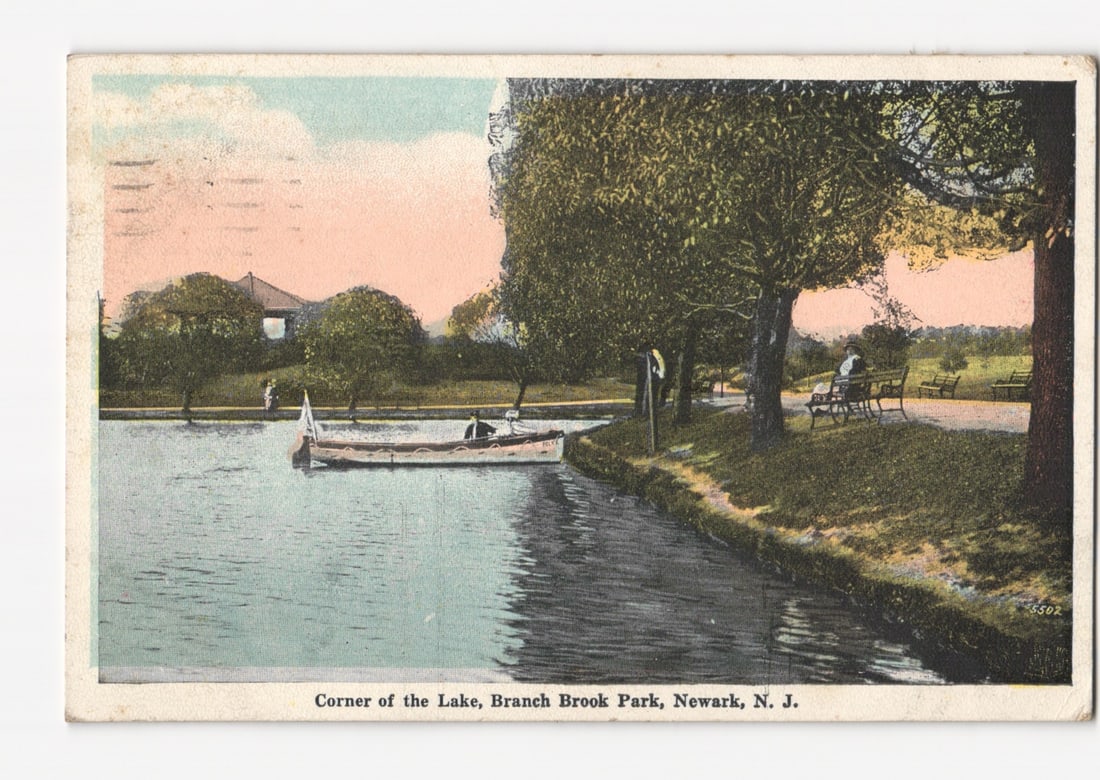 Corner of the Lake, Branch Brook Park, Newark, N.J. Landscape View, 1921 postcard. (1 of 2)