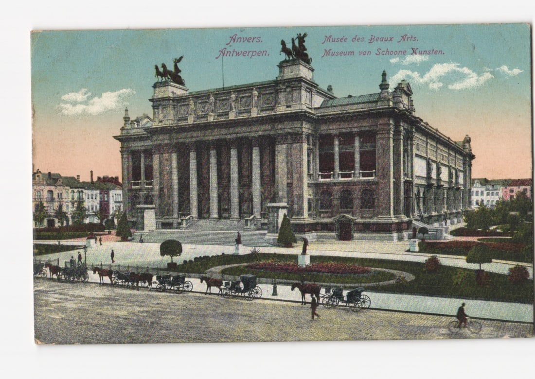 Antwerp Fine Arts Museum Building and Street Scene, Belgium, 1920s-era postcard: Please review the photos carefully for additional condition details. Note that scans may appear slightly darker or lighter than the item's true appearance, and minor scanning artifacts may be visible.