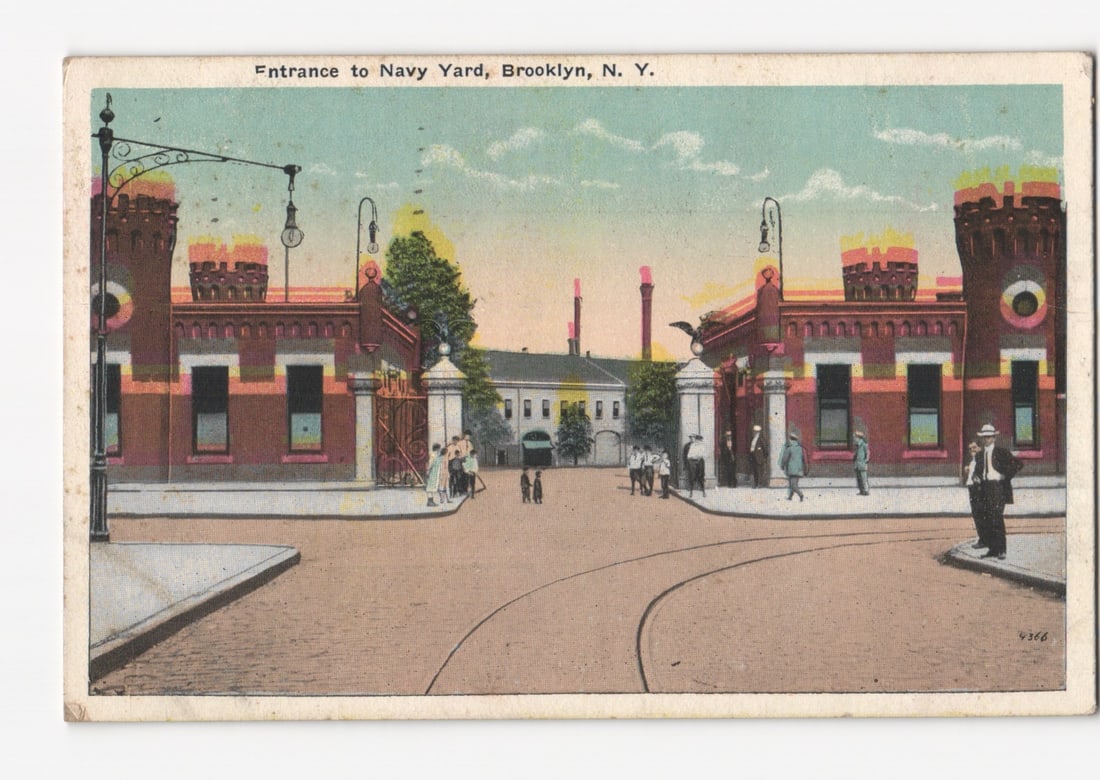 Brooklyn Navy Yard Entrance, New York, with Pedestrians, Early 1920s Color Lithograph Postcard.: Please review the photos carefully for additional condition details. Note that scans may appear slightly darker or lighter than the item's true appearance, and minor scanning artifacts may be visible.