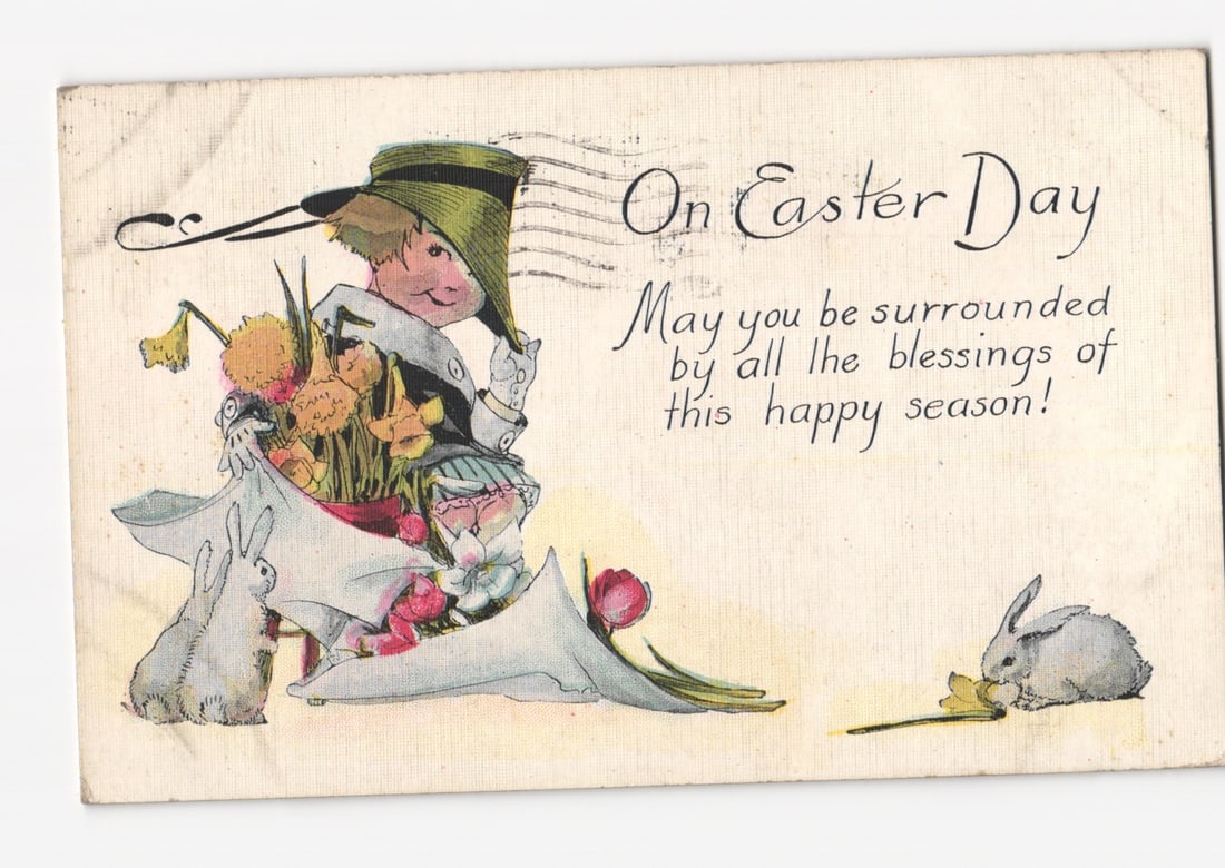 Chromolithograph Postcard of an Easter Child with Rabbits and Flowers, New York 1922: Please review the photos carefully for additional condition details. Note that scans may appear slightly darker or lighter than the item's true appearance, and minor scanning artifacts may be visible.