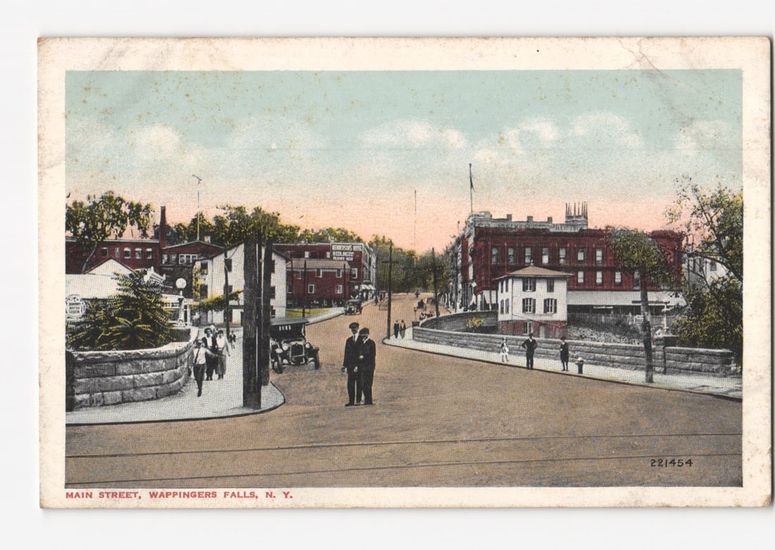 Vintage Main Street View, Wappingers Falls, N. Y., showing early 20th-century life postcard: Please review the photos carefully for additional condition details. Note that scans may appear slightly darker or lighter than the item's true appearance, and minor scanning artifacts may be visible.