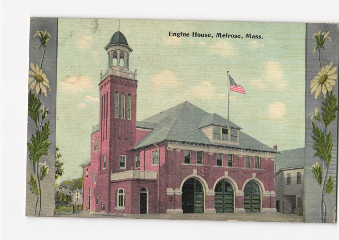 Historic postcard of the Engine House, Melrose, Massachusetts, displaying the American flag.: Please review the photos carefully for additional condition details. Note that scans may appear slightly darker or lighter than the item's true appearance, and minor scanning artifacts may be visible.