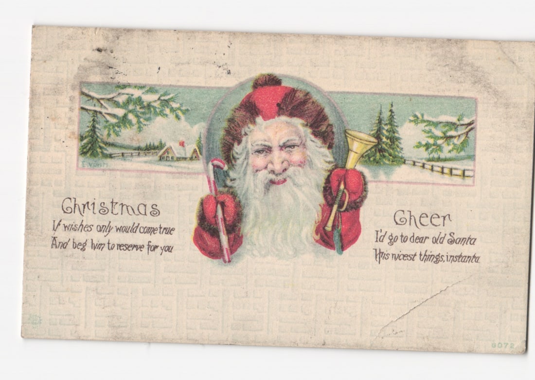 Embossed Christmas Santa Claus Winter Scene Greeting Postcard with Candy Cane & Horn, 1913 (1 of 2)