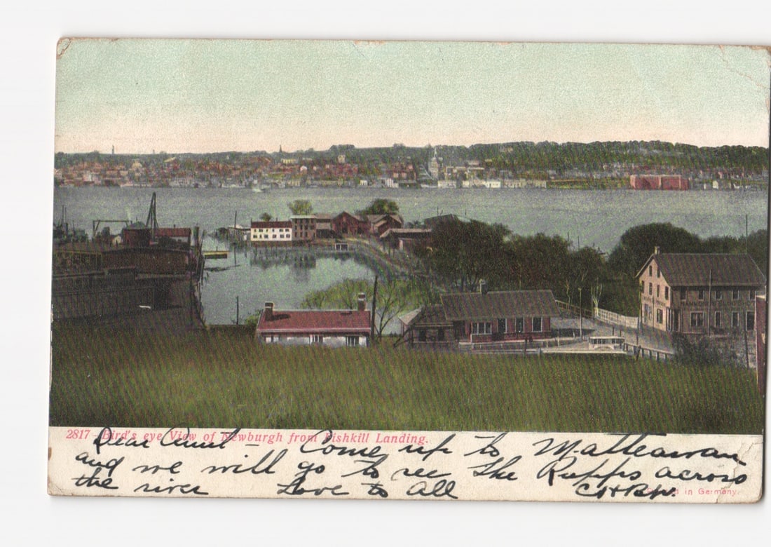 Bird's-eye View of Newburgh from Fishkill Landing, New York, Early 20th Century postcard.: Please review the photos carefully for additional condition details. Note that scans may appear slightly darker or lighter than the item's true appearance, and minor scanning artifacts may be visible.