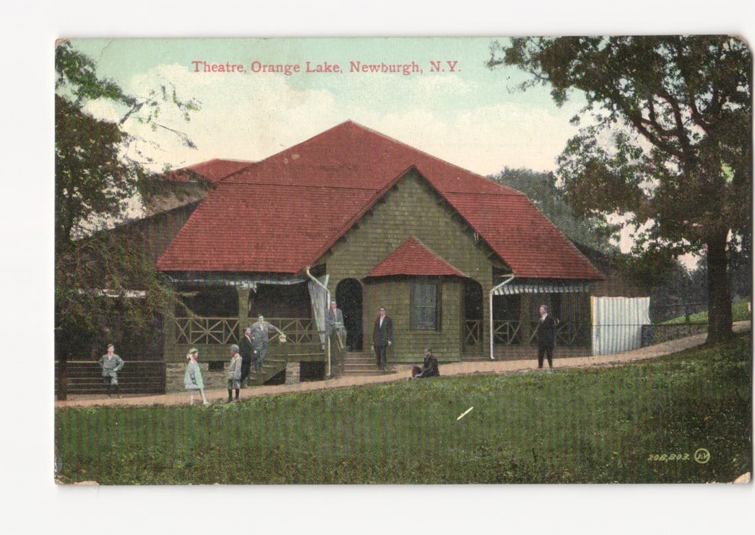 Orange Lake, Newburgh, N.Y. Theatre Building with People, Early 1900s Chromolithograph Postcard: Please review the photos carefully for additional condition details. Note that scans may appear slightly darker or lighter than the item's true appearance, and minor scanning artifacts may be visible.