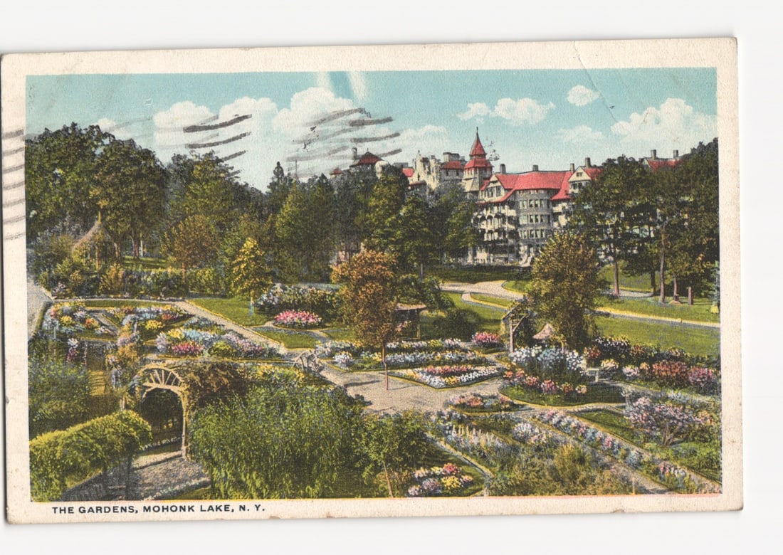 Landscaped Gardens and Mohonk Lake Resort Hotel, New York, 1921 Postmarked Postcard.: Please review the photos carefully for additional condition details. Note that scans may appear slightly darker or lighter than the item's true appearance, and minor scanning artifacts may be visible.