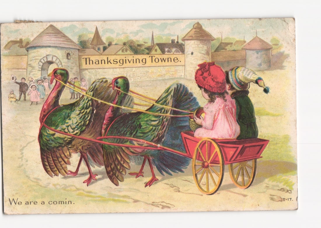 Early 20th C. Chromolithograph Postcard: Children in Turkey Cart to Thanksgiving Towne. (1 of 2)