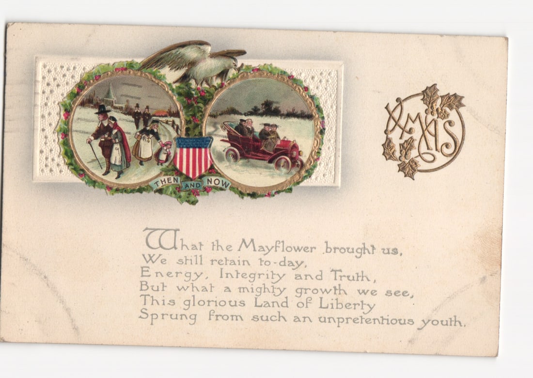 Chromolithograph 'Then and Now' Christmas Greeting postcard with early automobile, Poughkeepsie 1918: Please review the photos carefully for additional condition details. Note that scans may appear slightly darker or lighter than the item's true appearance, and minor scanning artifacts may be visible.