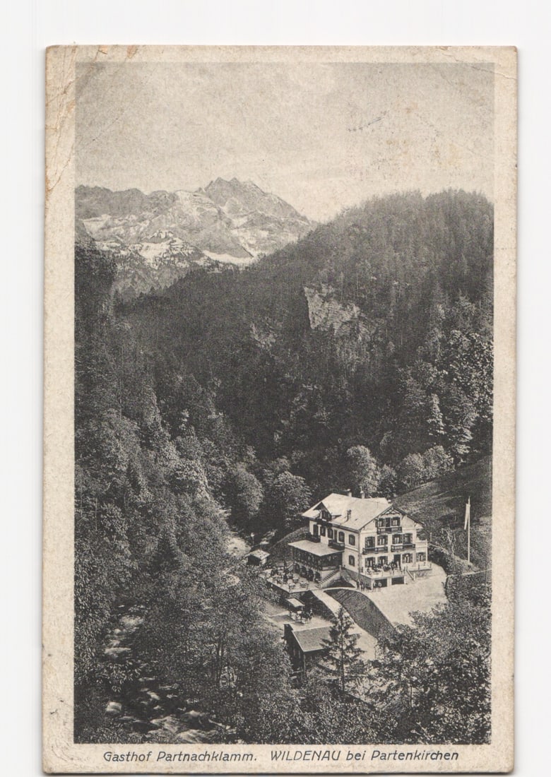Alpine Gasthof Partnachklamm Wildenau Postcard, Garmisch-Partenkirchen Area, c. 1914 (1 of 2)