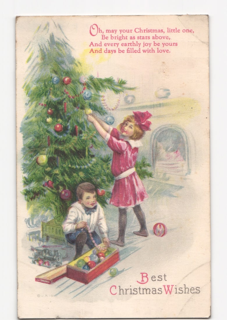 Illustrated Chromolithograph Postcard: Children Decorating Christmas Tree, Early 20th Century,: Please review the photos carefully for additional condition details. Note that scans may appear slightly darker or lighter than the item's true appearance, and minor scanning artifacts may be visible.