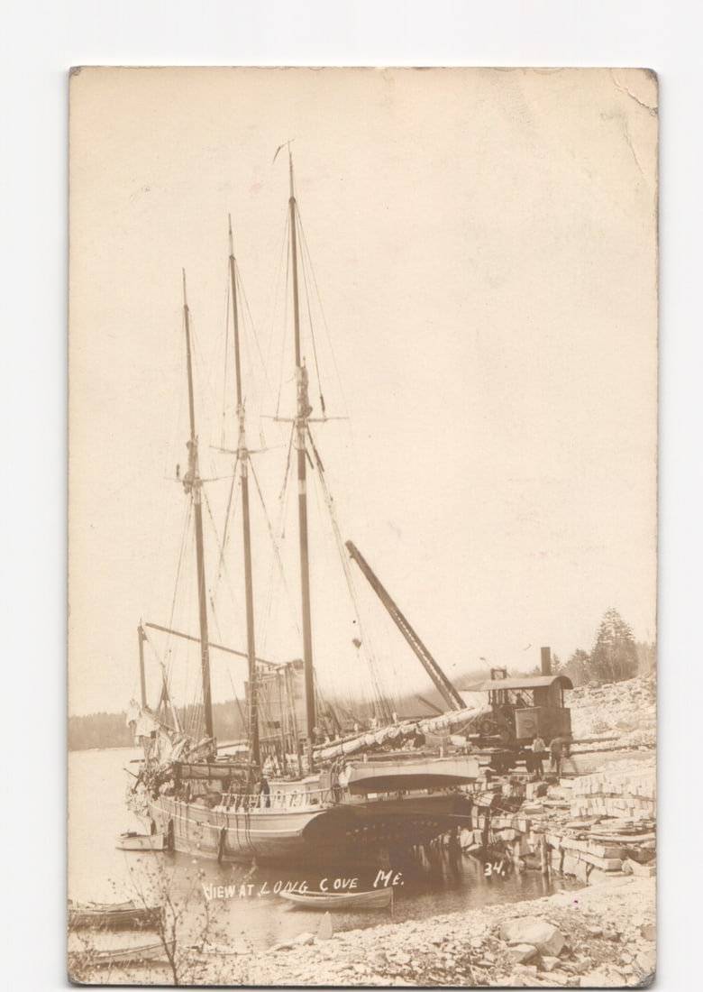 Historic Real Photo Postcard: Schooner Docked at Long Cove, Maine, circa 1911 (1 of 2)