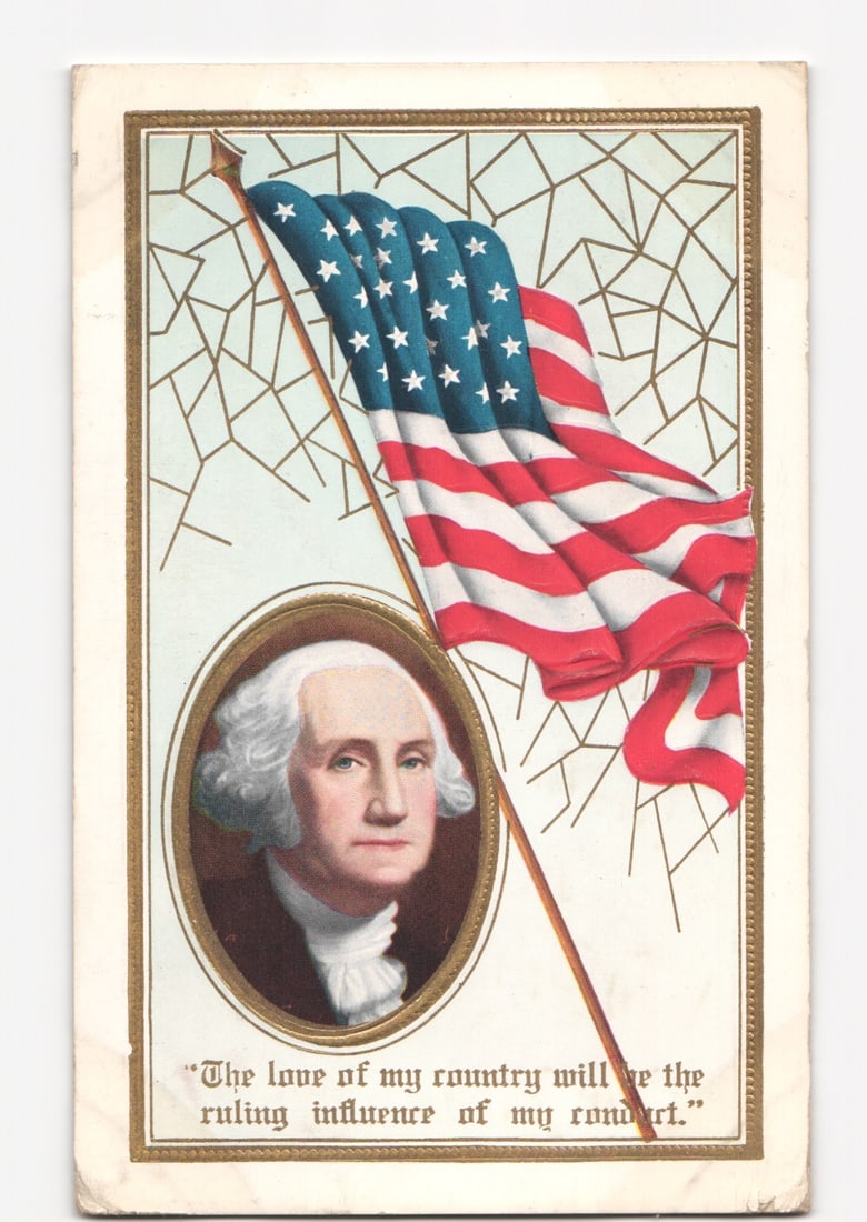Early 20th Century Patriotic Postcard with George Washington Portrait and Waving American Flag: Please review the photos carefully for additional condition details. Note that scans may appear slightly darker or lighter than the item's true appearance, and minor scanning artifacts may be visible.