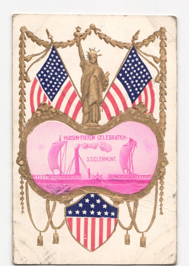 1909 Hudson-Fulton Celebration postcard with Lady Liberty, American Flags, S.S. Clermont: Please review the photos carefully for additional condition details. Note that scans may appear slightly darker or lighter than the item's true appearance, and minor scanning artifacts may be visible.