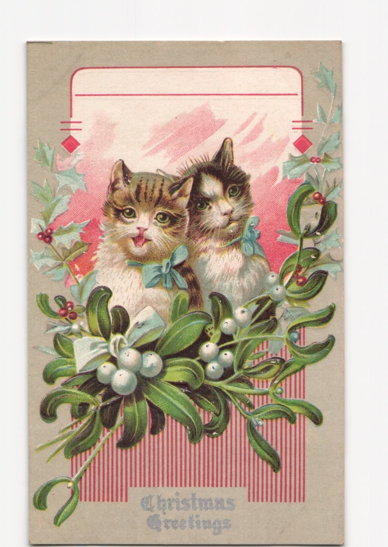 Two Kittens with Mistletoe and Holly Christmas Greetings postcard, Orient, N.Y., c. 1900s.: Please review the photos carefully for additional condition details. Note that scans may appear slightly darker or lighter than the item's true appearance, and minor scanning artifacts may be visible.