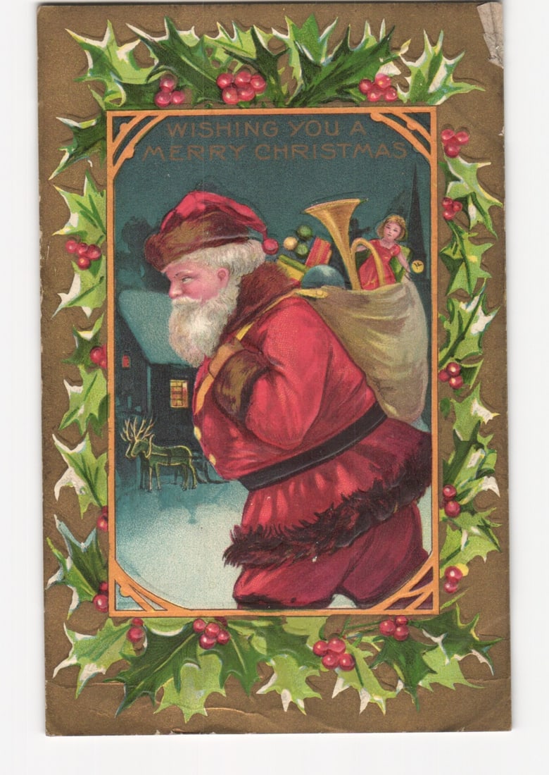 Chromolithograph Christmas Postcard Featuring Santa Claus with Toys and Reindeer (1 of 2)