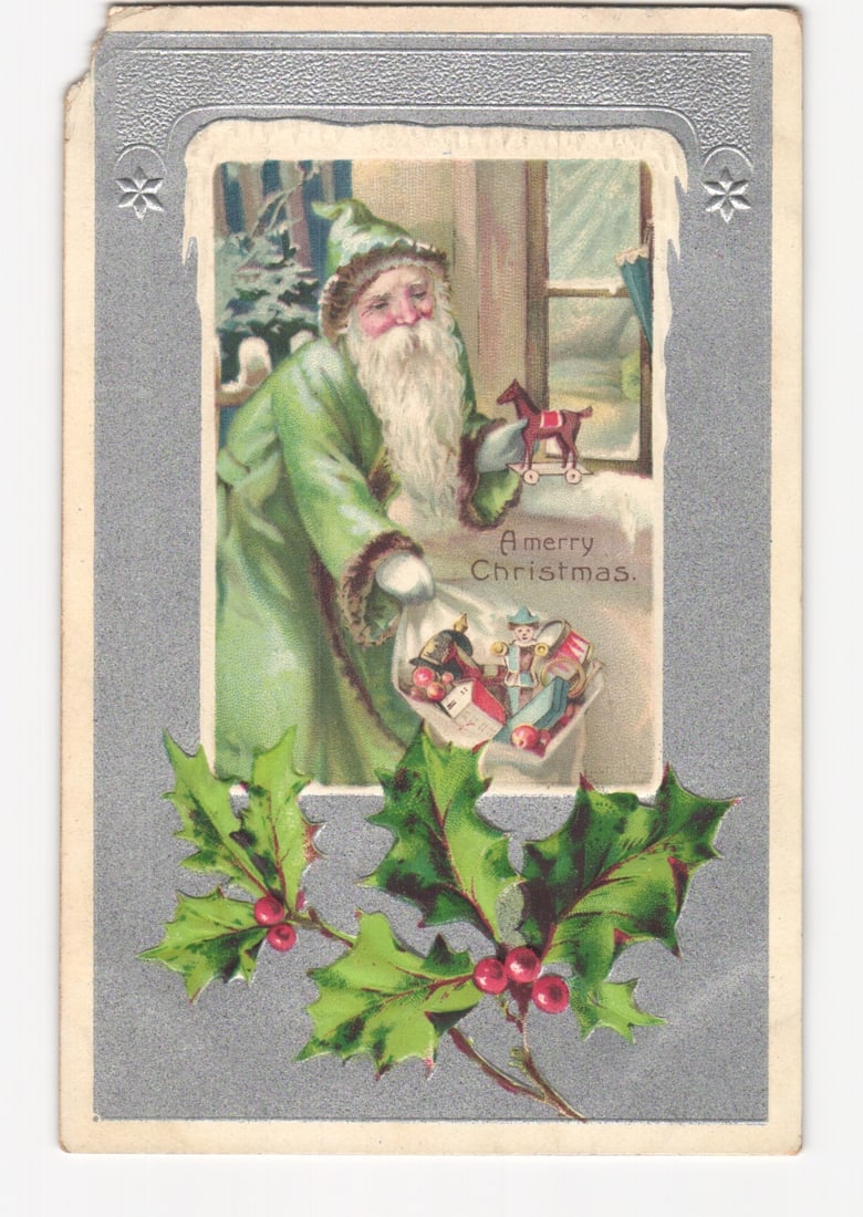 1908 Glens Falls NY Christmas Postcard Embossed Green Santa Holly Posted: Please review the photos carefully for additional condition details. Note that scans may appear slightly darker or lighter than the item's true appearance, and minor scanning artifacts may be visible.