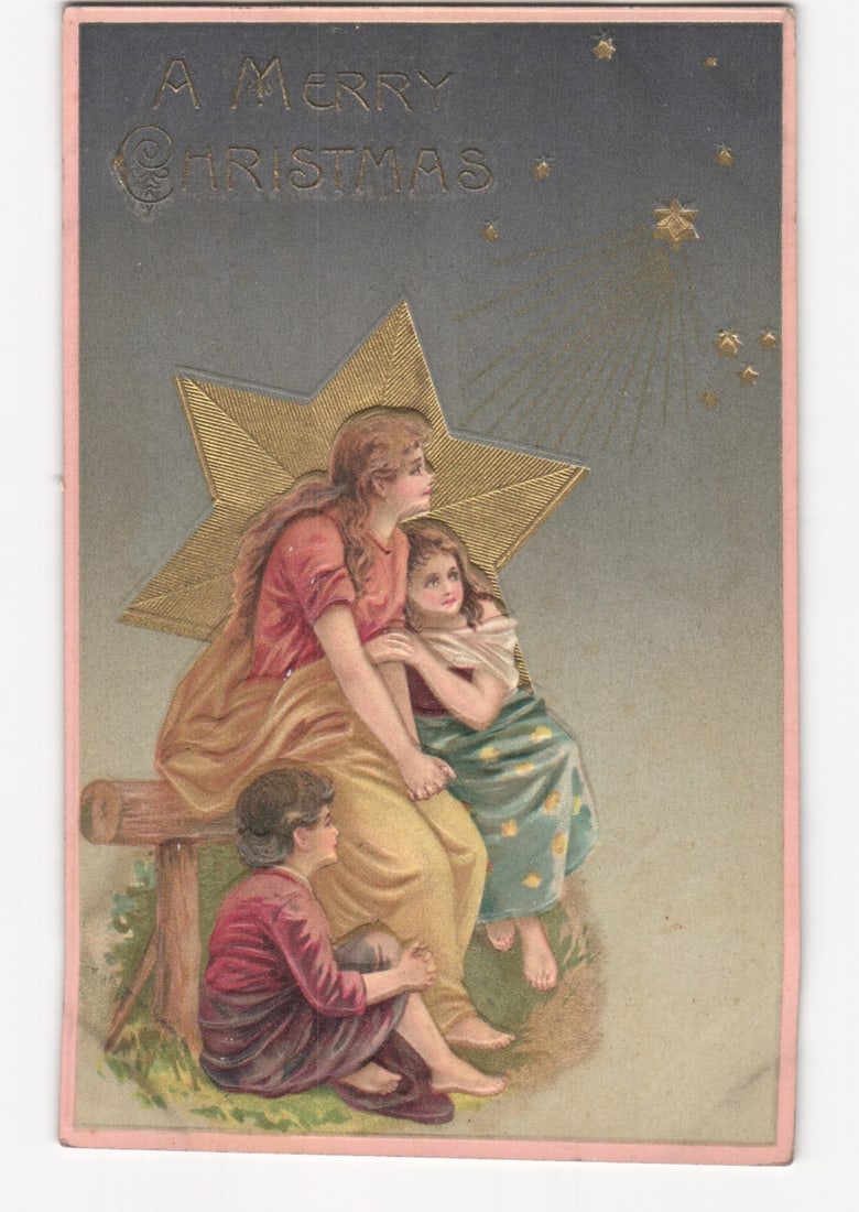 Religious Christmas Postcard Featuring a Mother, Children, and Guiding Star, Circa 1908: Please review the photos carefully for additional condition details. Note that scans may appear slightly darker or lighter than the item's true appearance, and minor scanning artifacts may be visible.
