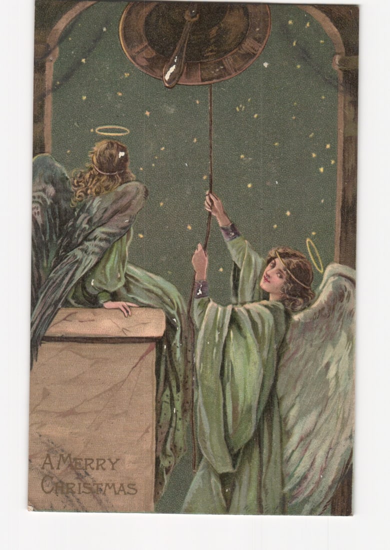 Early 20th Century Christmas postcard with two angels ringing a bell under a starry sky, 1908.: Please review the photos carefully for additional condition details. Note that scans may appear slightly darker or lighter than the item's true appearance, and minor scanning artifacts may be visible.