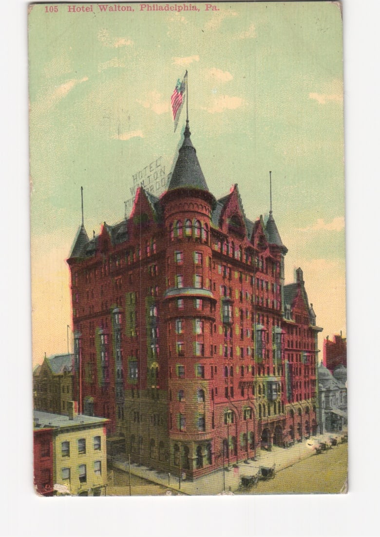 Hotel Walton Street View, Philadelphia, PA, with Period Automobiles, Early 20th Century Postcard: Please review the photos carefully for additional condition details. Note that scans may appear slightly darker or lighter than the item's true appearance, and minor scanning artifacts may be visible.