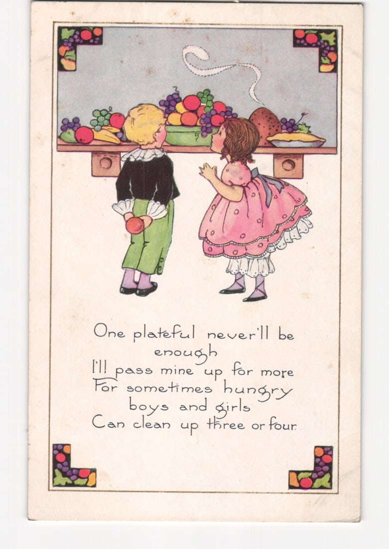 Whitney Made Chromolithograph Postcard Depicting Children Admiring a Festive Feast.: Please review the photos carefully for additional condition details. Note that scans may appear slightly darker or lighter than the item's true appearance, and minor scanning artifacts may be visible.