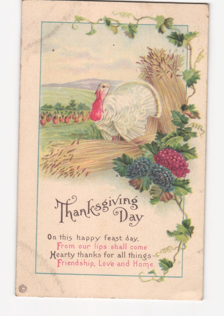 Thanksgiving Day Turkey & Harvest Scene Lithograph Postcard, Postmarked NOV 23, Early 20th Century (1 of 2)
