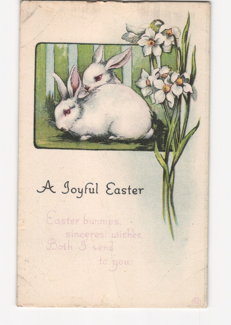 Easter Bunnies and Daffodils Holiday Greeting Chromolithograph Postcard, Early 20th Century.: Please review the photos carefully for additional condition details. Note that scans may appear slightly darker or lighter than the item's true appearance, and minor scanning artifacts may be visible.