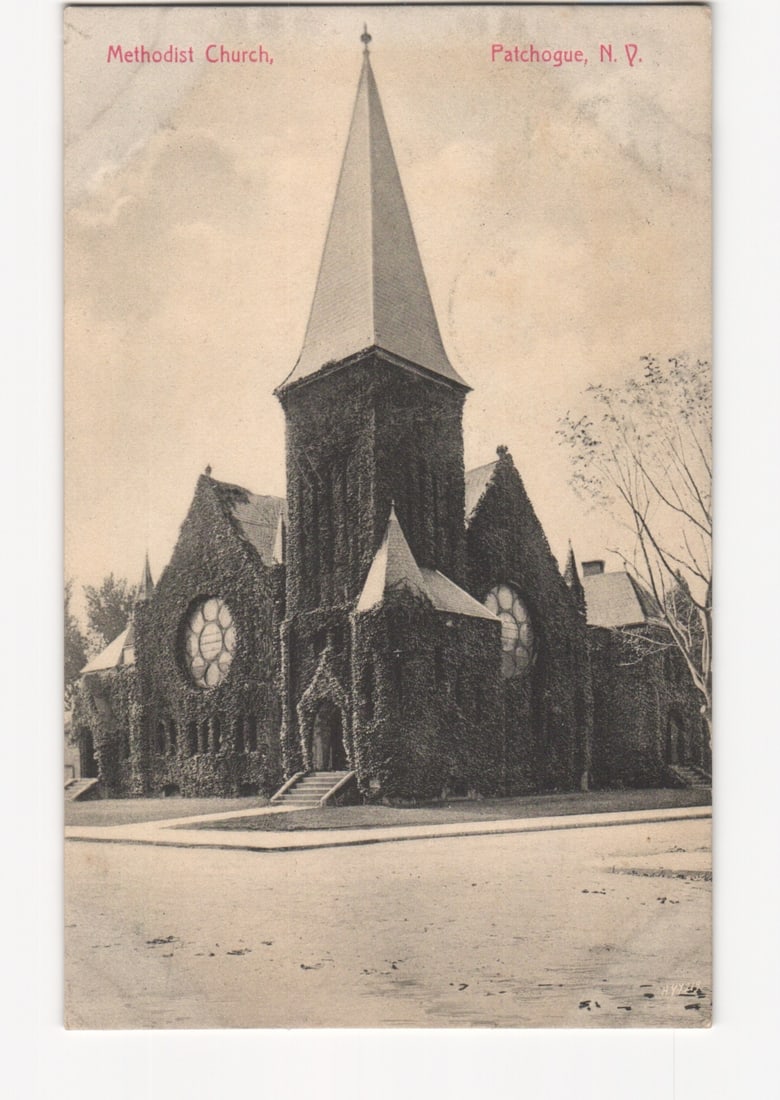 Methodist Church in Patchogue, N.Y., early 20th-century American religious postcard.: Please review the photos carefully for additional condition details. Note that scans may appear slightly darker or lighter than the item's true appearance, and minor scanning artifacts may be visible.
