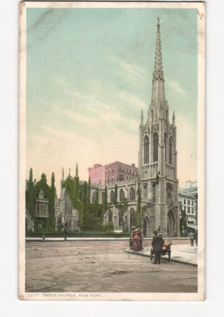 Grace Church, New York City, as depicted on a richly detailed 1913 chromolithograph postcard.: Please review the photos carefully for additional condition details. Note that scans may appear slightly darker or lighter than the item's true appearance, and minor scanning artifacts may be visible.