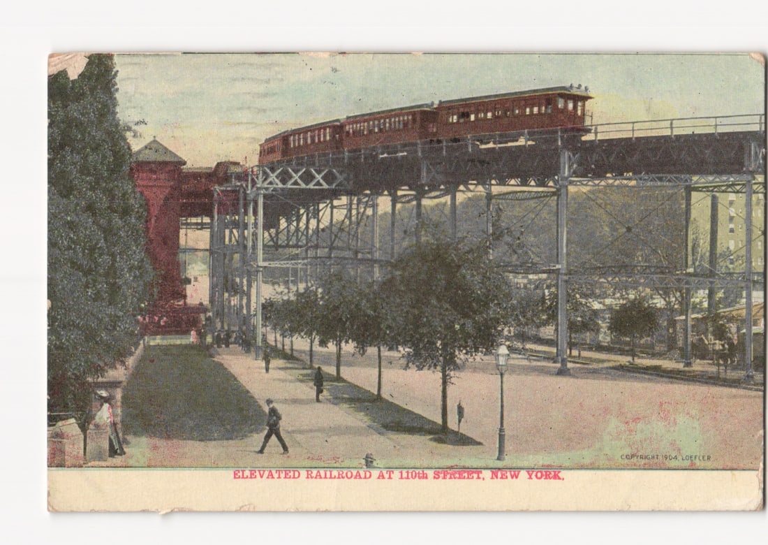 Elevated Railroad at 110th Street, New York City, 1900s chromolithograph postcard.: Please review the photos carefully for additional condition details. Note that scans may appear slightly darker or lighter than the item's true appearance, and minor scanning artifacts may be visible.