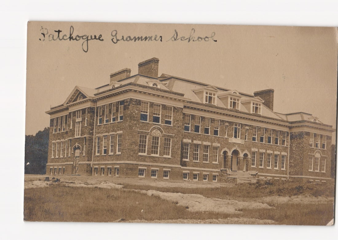 Early 20th Century Real Photo Postcard of Patchogue Grammar School Building, New York Scene: Please review the photos carefully for additional condition details. Note that scans may appear slightly darker or lighter than the item's true appearance, and minor scanning artifacts may be visible.