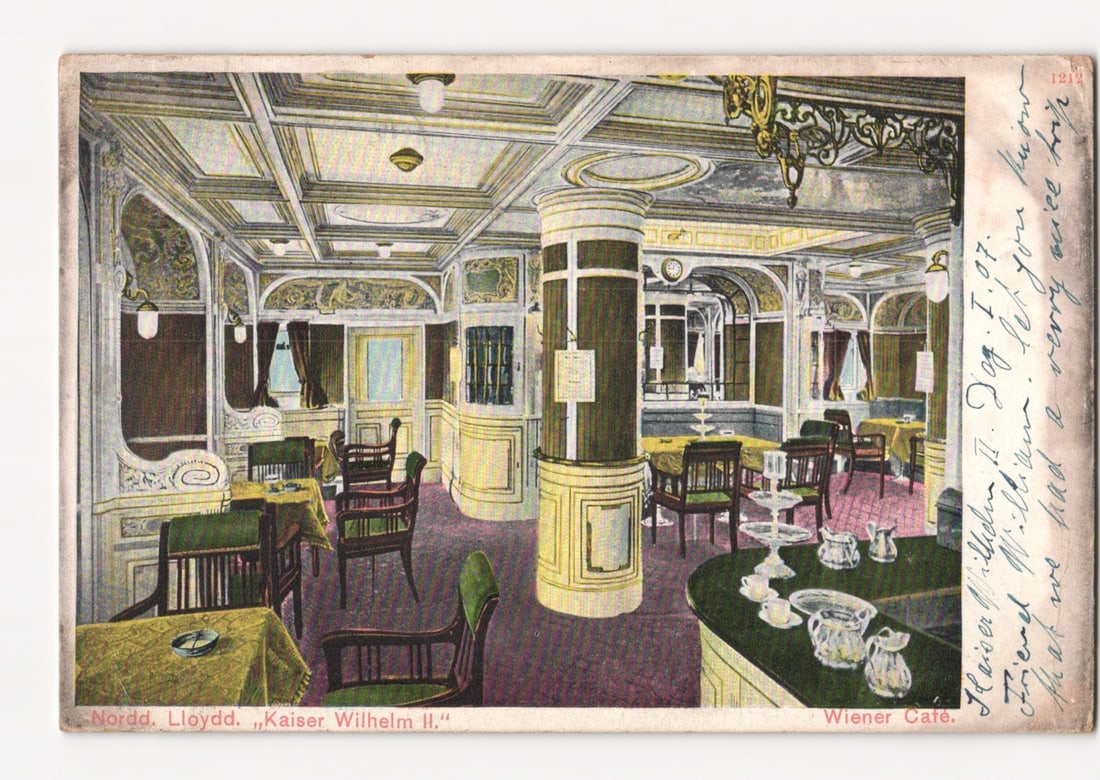 SS Kaiser Wilhelm II. Wiener Cafe interior view, Nordd. Lloyd, early 20th century postcard. (1 of 2)