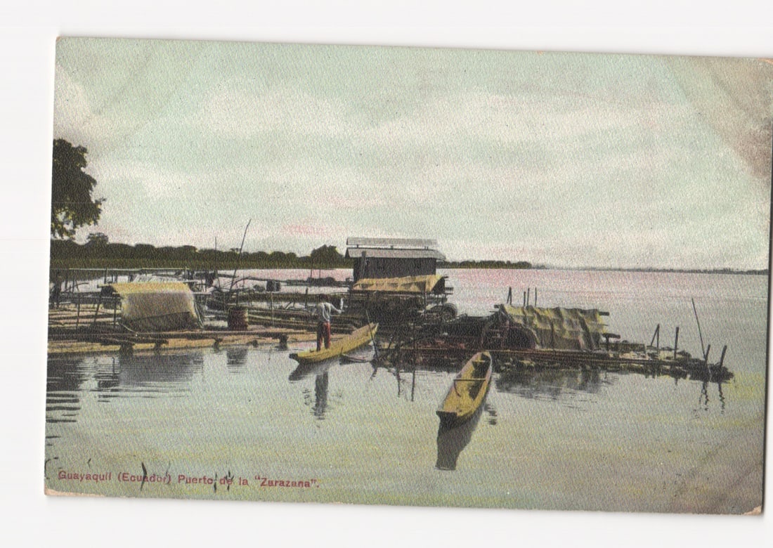 Early 20th C. postcard of "Zarazana" Port, Guayaquil, Ecuador, showing riverine boats.: Please review the photos carefully for additional condition details. Note that scans may appear slightly darker or lighter than the item's true appearance, and minor scanning artifacts may be visible.