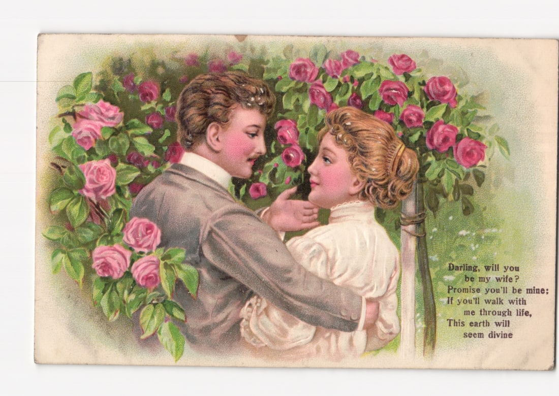 Romantic Couple with Roses Marriage Proposal Chromolithograph Postcard, New York circa 1907 (1 of 2)