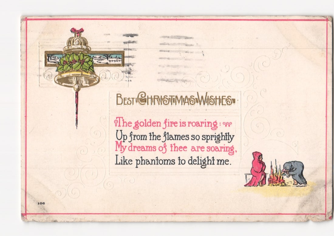 Early 20th Century Christmas Wishes Postcard: Bell, Poem, and Figures by a Golden Fire: Please review the photos carefully for additional condition details. Note that scans may appear slightly darker or lighter than the item's true appearance, and minor scanning artifacts may be visible.