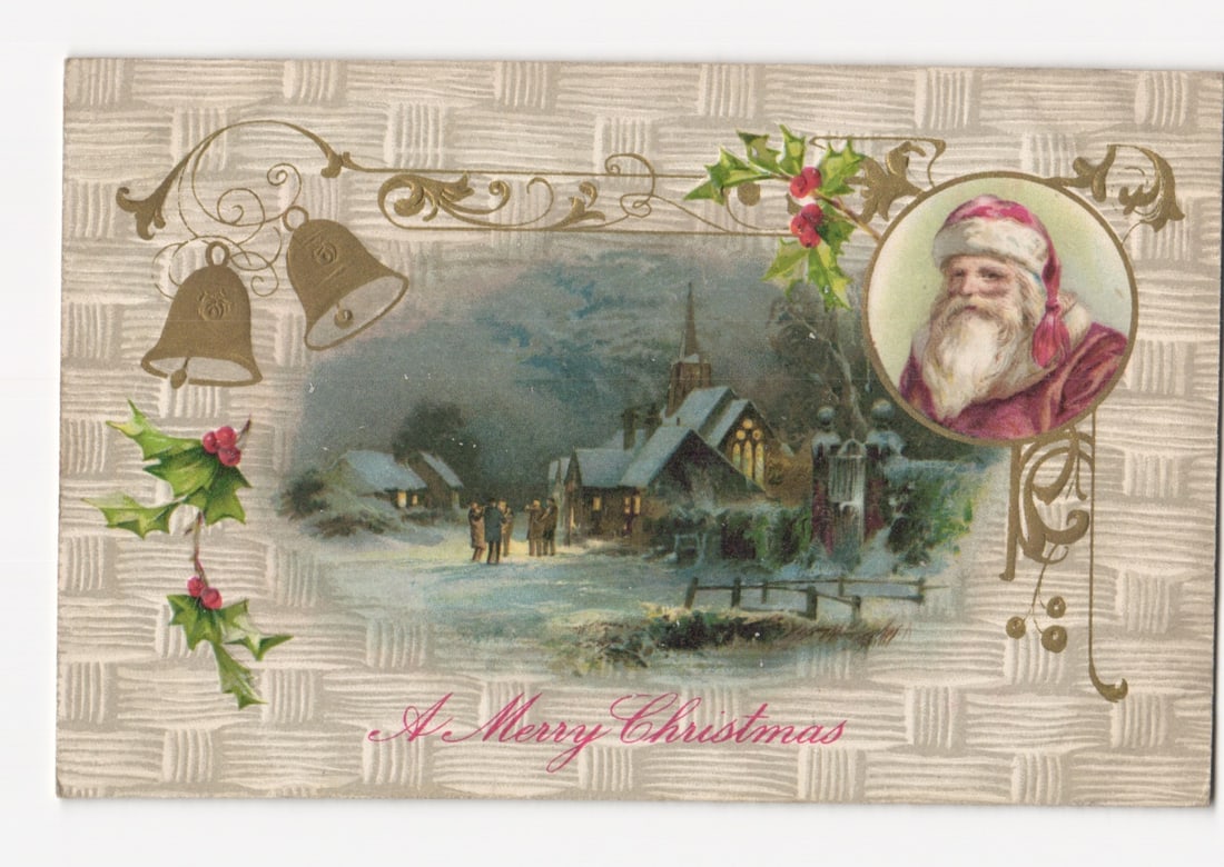 Early 20th Century Chromolithograph Postcard of Santa Claus, Snowy Village, and Bells.: Please review the photos carefully for additional condition details. Note that scans may appear slightly darker or lighter than the item's true appearance, and minor scanning artifacts may be visible.