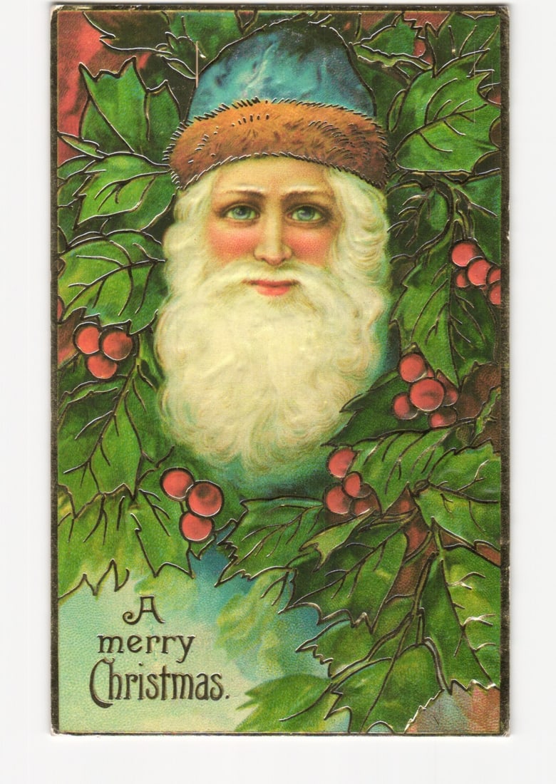 Detailed illustration of Santa Claus with holly leaves, a Christmas greetings postcard replica. (1 of 2)