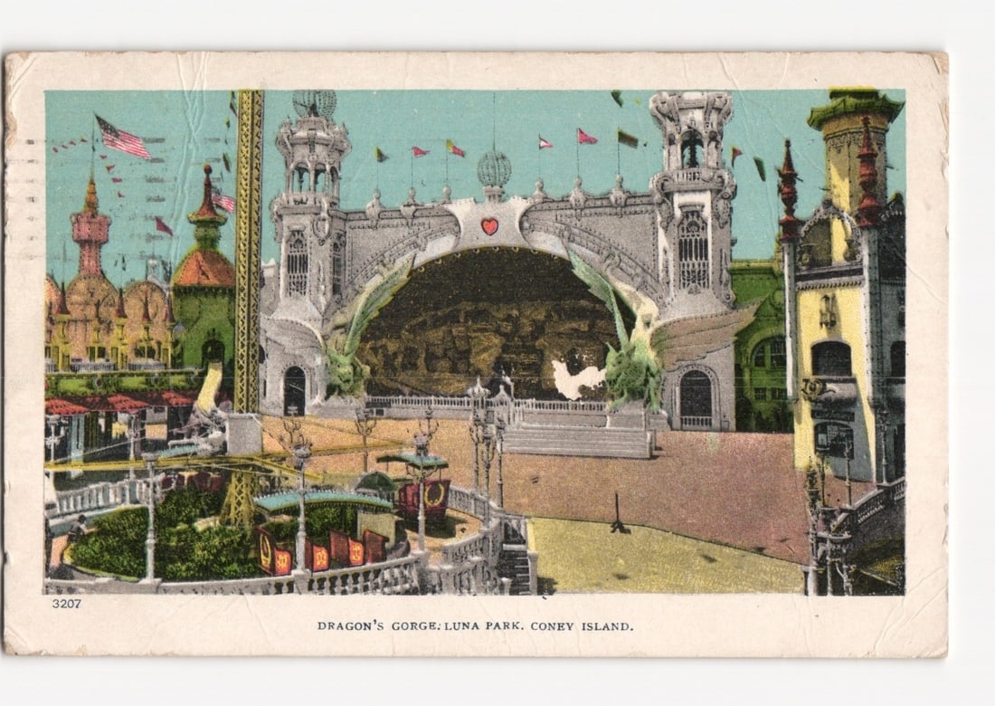Historic Chromolithograph Postcard showing Dragon's Gorge at Luna Park, Coney Island, 1909 (1 of 2)