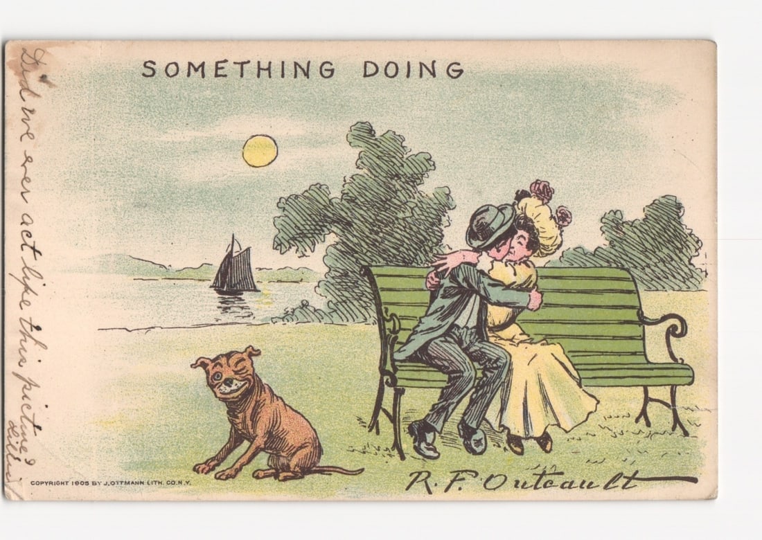 1905 R.F. Outcault Comic Postcard: Couple Embracing on Bench, Dog, Sailboat, 'Something Doing' (1 of 2)