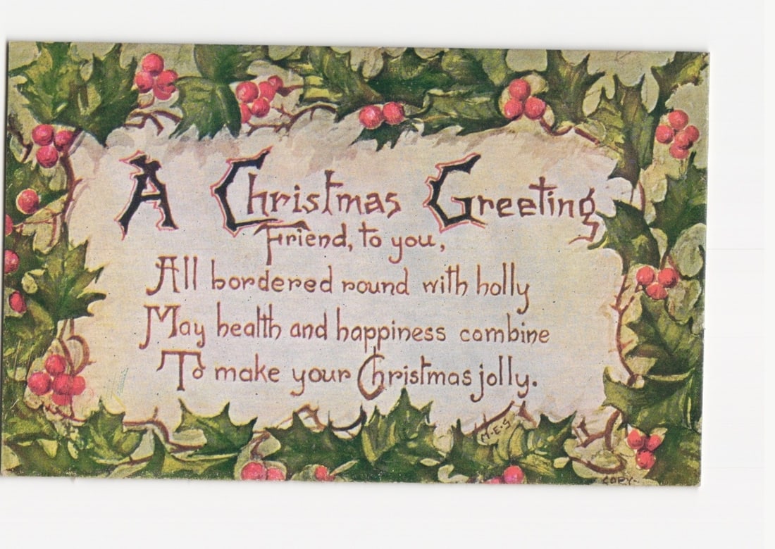 Copy of an Original Chromolithograph Christmas Greeting Postcard, Holly Border and Sentimental Verse (1 of 2)
